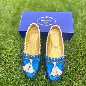 Prada navy/blue Leather Studded Slip On with white tassels